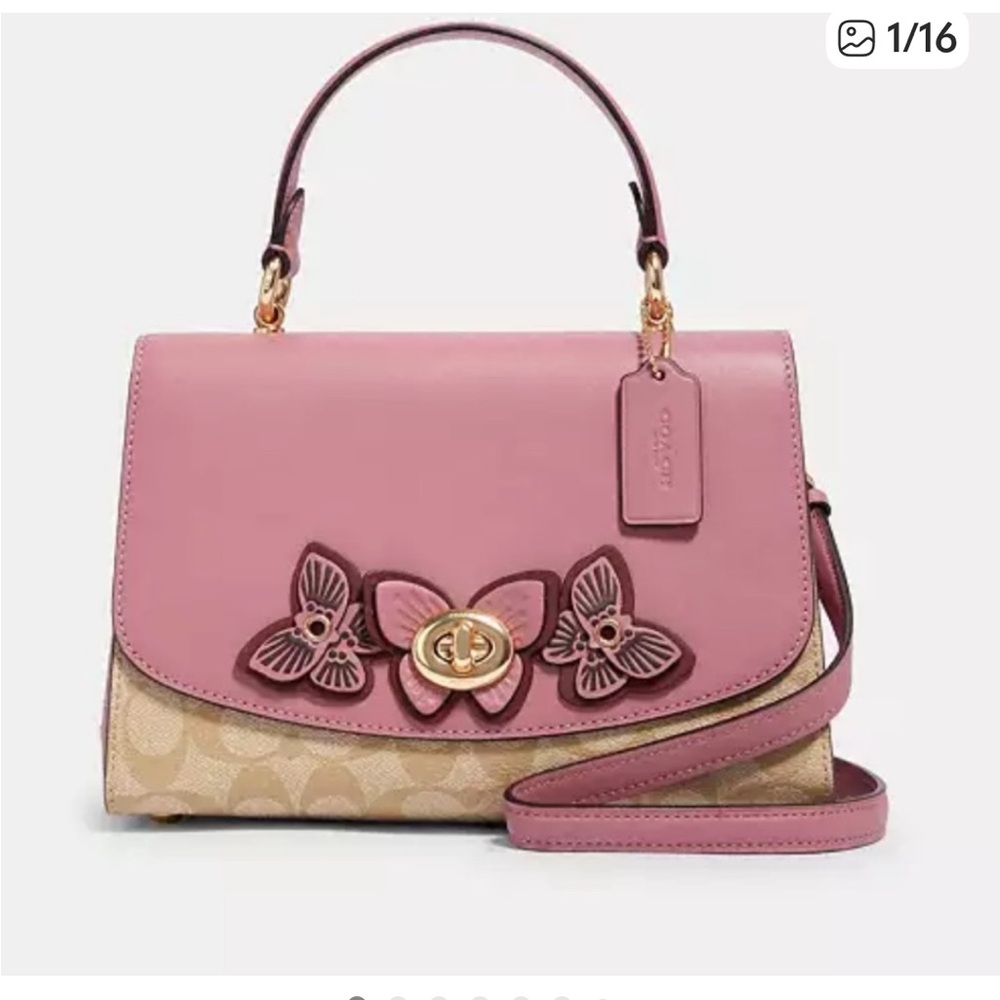Coach Pink Signature Canvas Satchel with Floral Appliqué